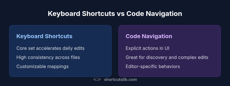 Infographic comparing keyboard shortcuts and code navigation