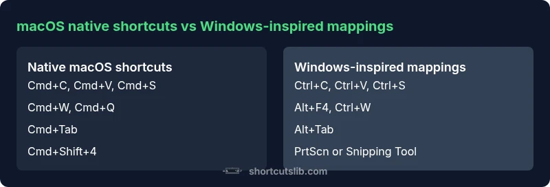 Comparison of macOS native shortcuts vs Windows-inspired mappings