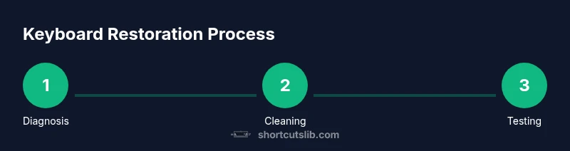 Process diagram showing diagnosis, cleaning, and testing steps for keyboard restoration