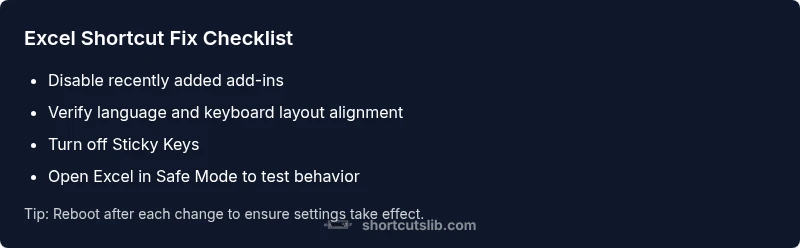 Checklist infographic for fixing Excel keyboard shortcuts
