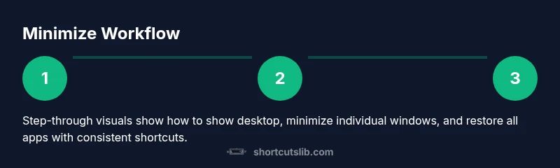 Tailwind infographic showing a three-step process to minimize windows using keyboard shortcuts